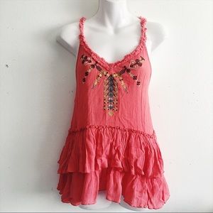 Free People Tiered Ruffle Embroidered Tank Top
